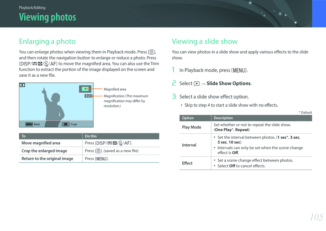 Samsung EV-NX3000BOJHU Viewing photos, 105, Enlarging a photo, Viewing a slide show, Select a slide show effect option 