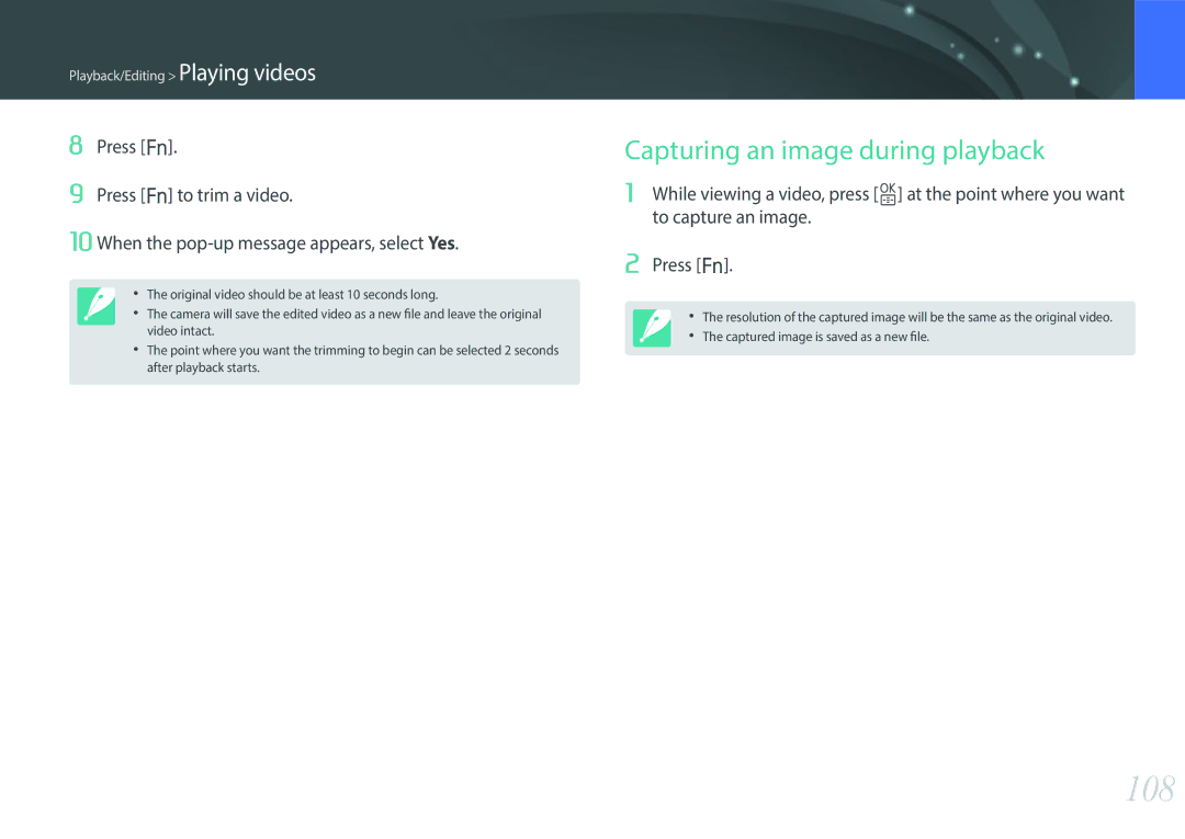 Samsung EV-NX3000BMICZ, EV-NX3000BOHFR, EV-NX3000BOIDE, EV-NX3000BOIAT manual 108, Capturing an image during playback 