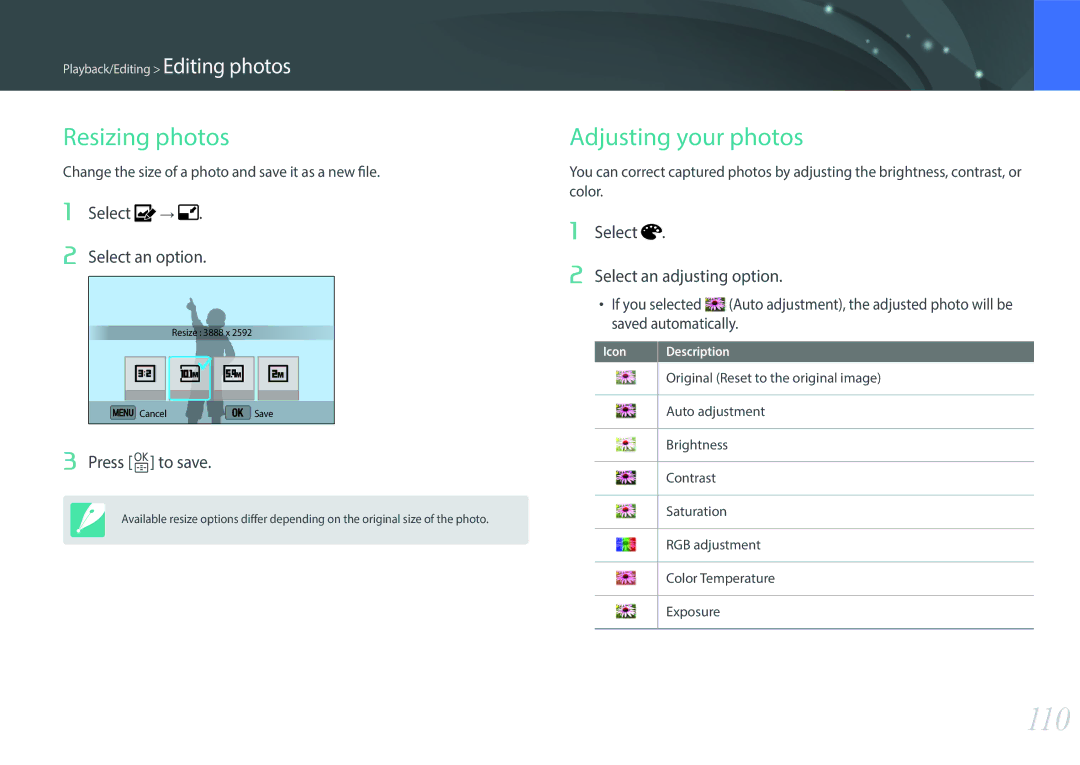 Samsung EV-NX3000BMHCH, EV-NX3000BOHFR, EV-NX3000BOIDE 110, Select → Select an option, Select Select an adjusting option 