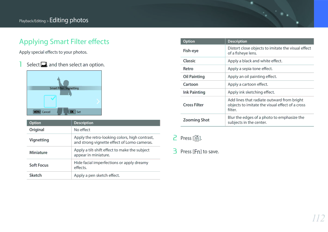 Samsung EV-NX3000BOHSE 112, Applying Smart Filter effects, Select , and then select an option, Press o Press f to save 