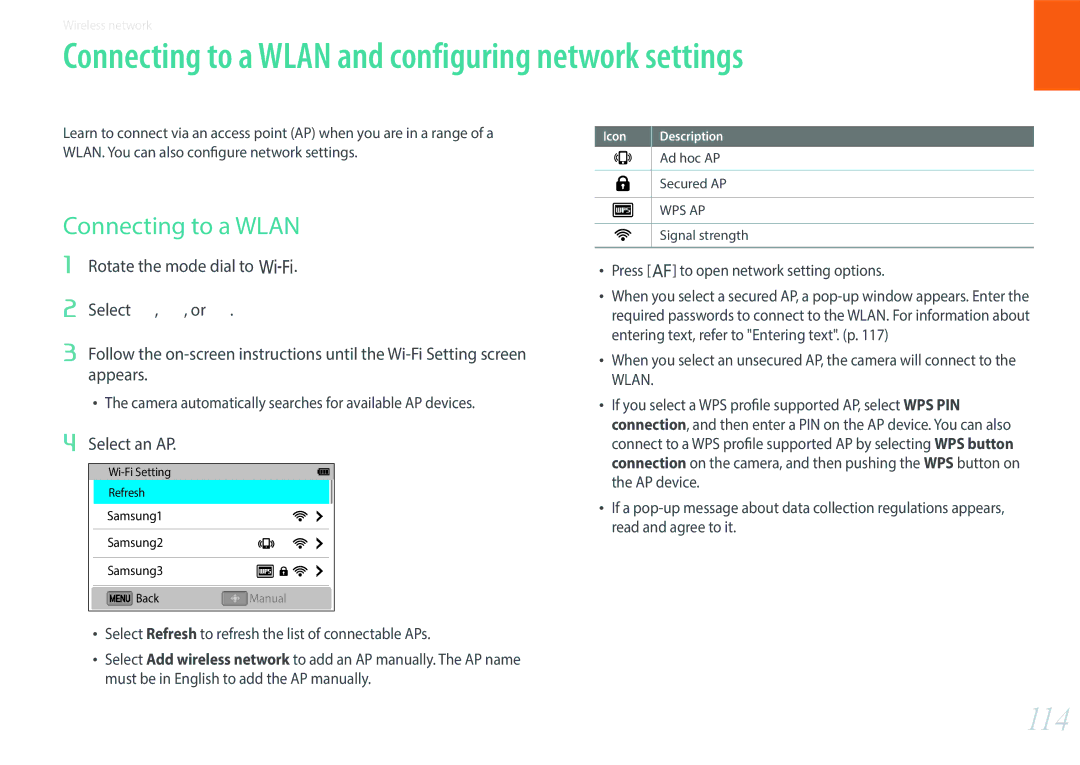 Samsung EV-NX3000BOJSE, EV-NX3000BOHFR manual Connecting to a Wlan and configuring network settings, 114, Select an AP 