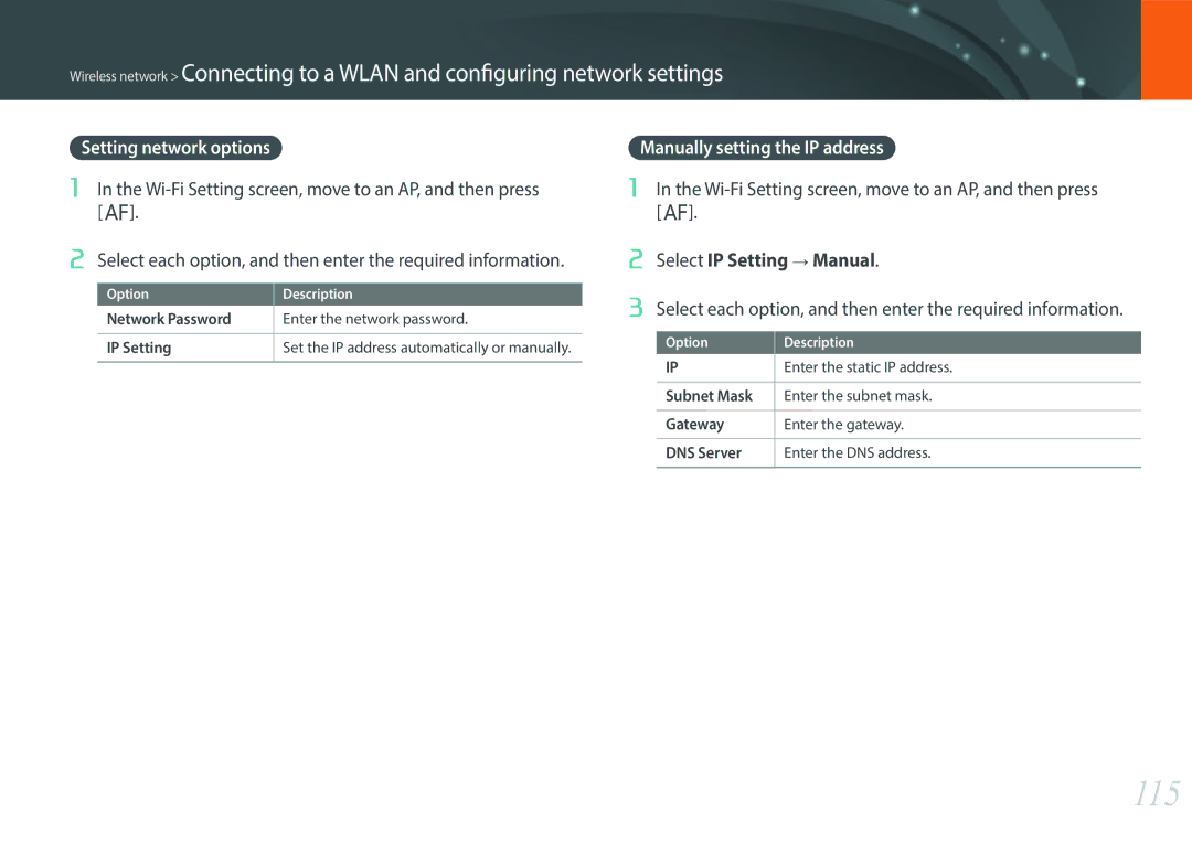 Samsung EV-NX3000BOHDK, EV-NX3000BOHFR, EV-NX3000BOIDE manual 115, Setting network options, Manually setting the IP address 