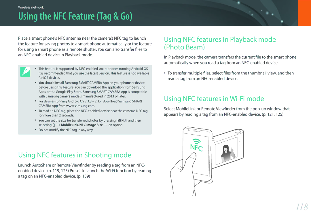 Samsung EV-NX3000BOHLV manual 118, Using NFC features in Shooting mode, Using NFC features in Playback mode Photo Beam 