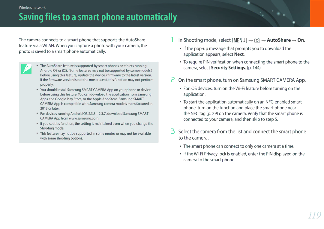 Samsung EV-NX3000BOILV manual Saving files to a smart phone automatically, 119, Shooting mode, select m b AutoShare On 