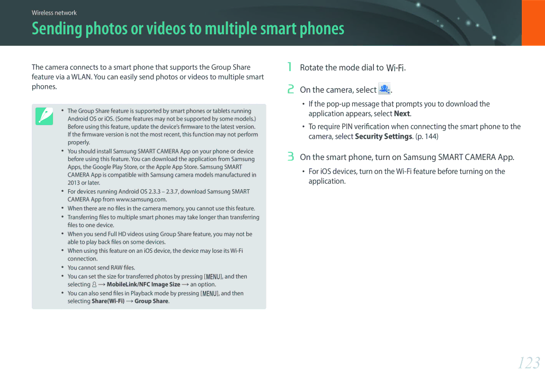 Samsung EV-NX3000BEIKZ, EV-NX3000BOHFR, EV-NX3000BOIDE manual Sending photos or videos to multiple smart phones, 123 