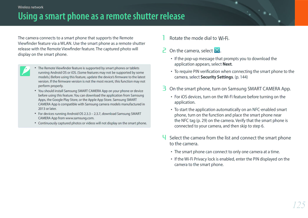 Samsung EV-NX3000BOJIL, EV-NX3000BOHFR, EV-NX3000BOIDE, EV-NX3000BOIAT Using a smart phone as a remote shutter release, 125 