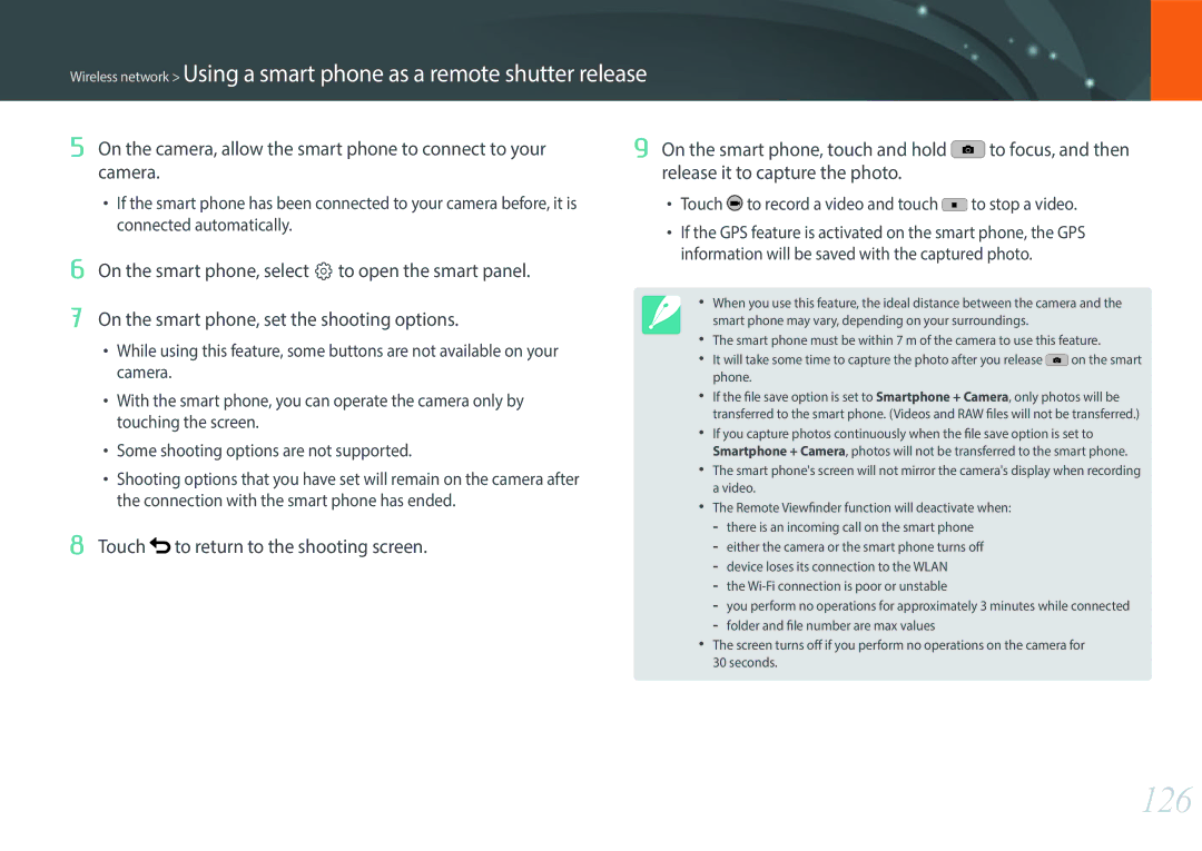 Samsung EV-NX3000BMIIL, EV-NX3000BOHFR, EV-NX3000BOIDE manual 126, Touch to record a video and touch to stop a video 