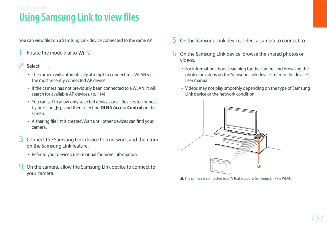 Samsung EV-NX3000BOHFR, EV-NX3000BOIDE, EV-NX3000BOIAT, EV-NX3000BOHTR, EV-NX3000BOJDE 131, Using Samsung Link to view files 