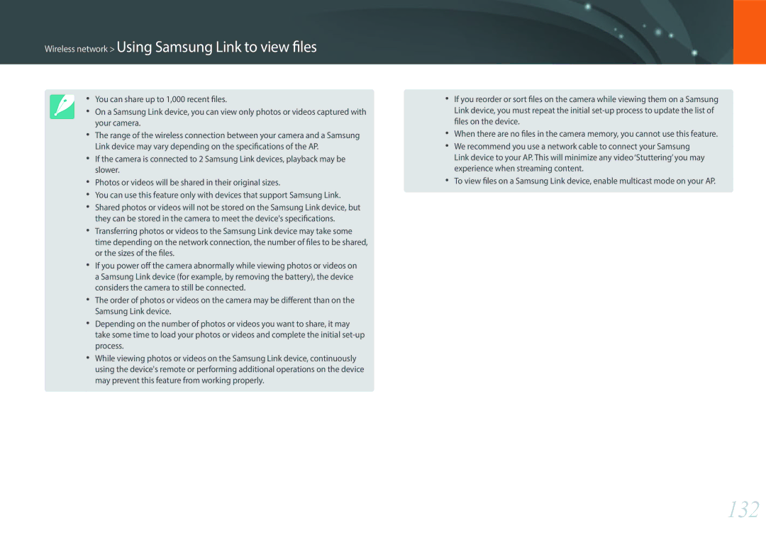 Samsung EV-NX3000BOIDE, EV-NX3000BOHFR, EV-NX3000BOIAT manual 132, Wireless network Using Samsung Link to view files 