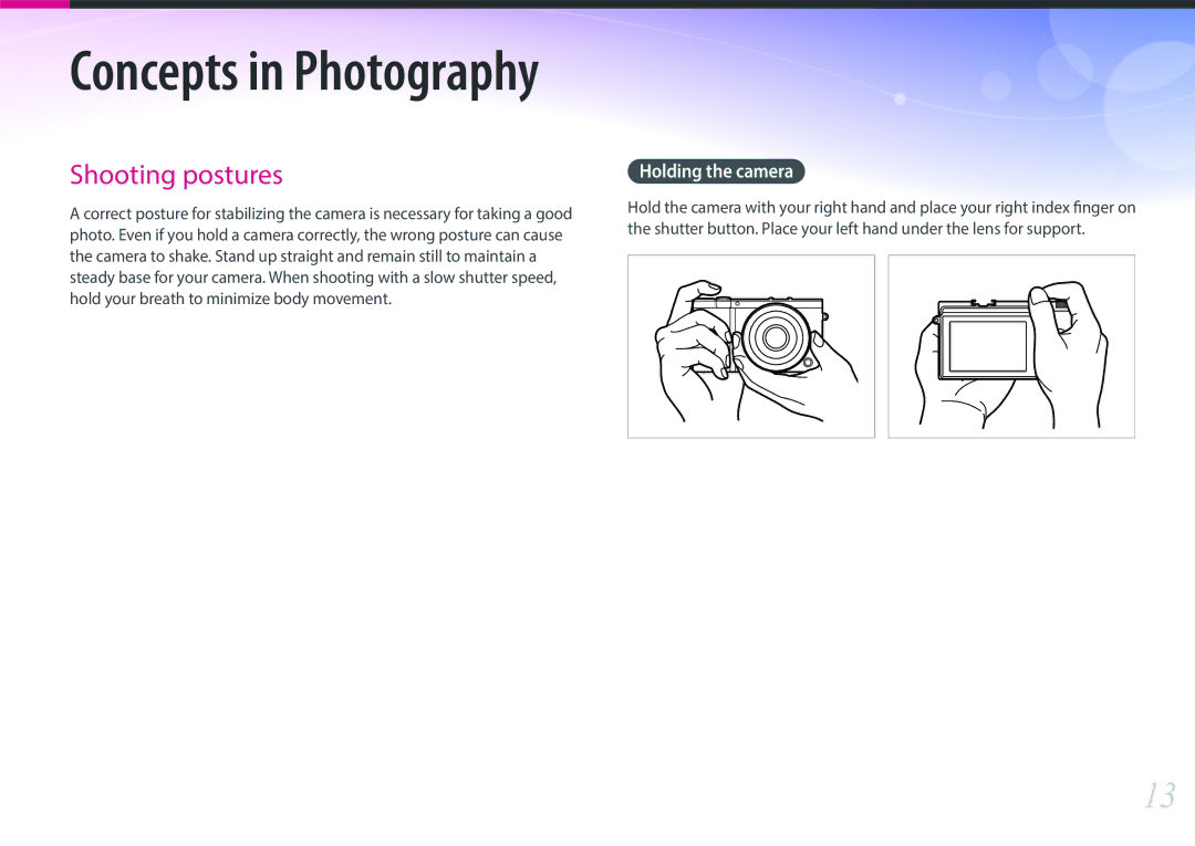 Samsung EV-NX3000BEIIT, EV-NX3000BOHFR, EV-NX3000BOIDE, EV-NX3000BOIAT manual Concepts in Photography, Holding the camera 