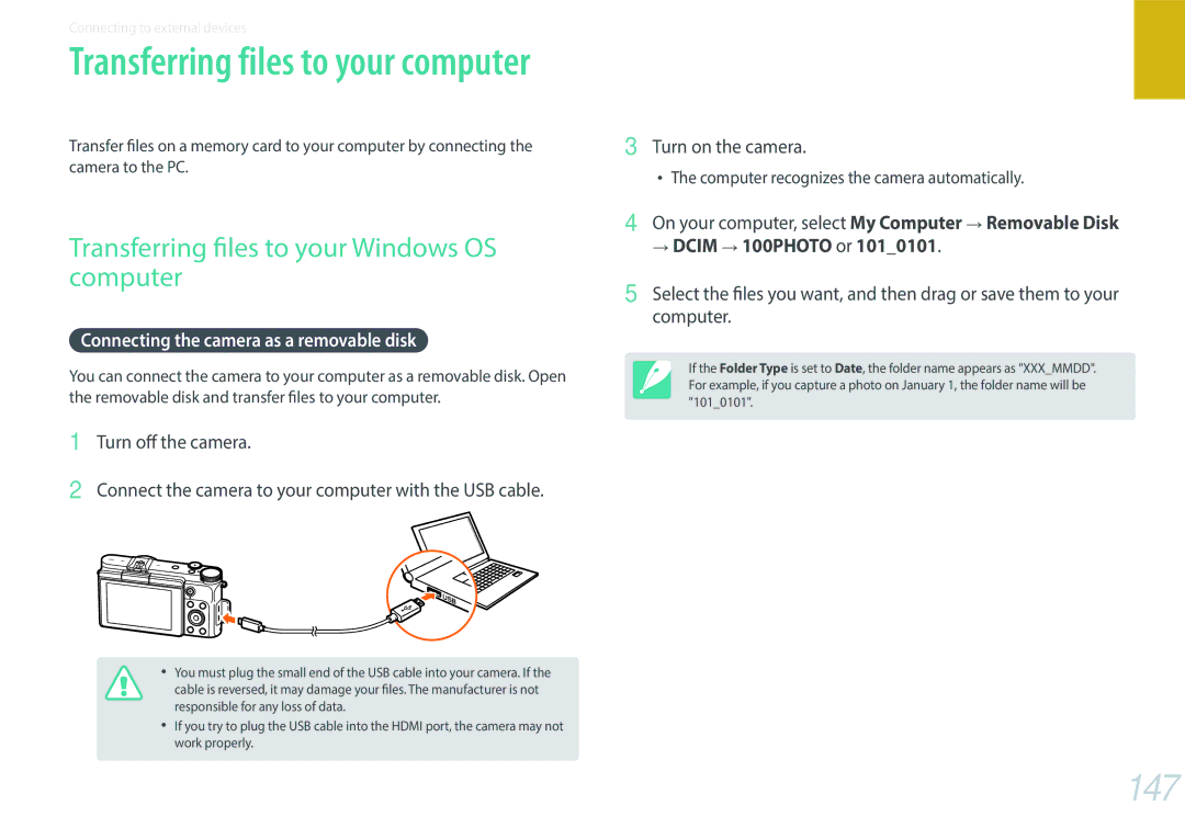 Samsung EV-NX3000BOHAT 147, Transferring files to your Windows OS computer, Connecting the camera as a removable disk 