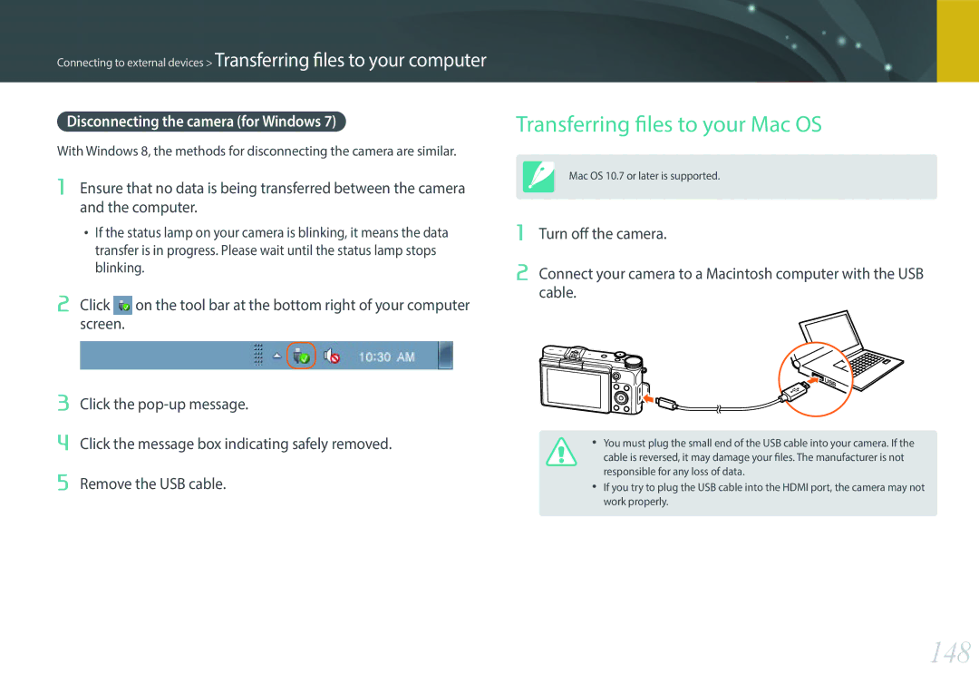 Samsung EV-NX3000BOIES, EV-NX3000BOHFR manual 148, Transferring files to your Mac OS, Disconnecting the camera for Windows 