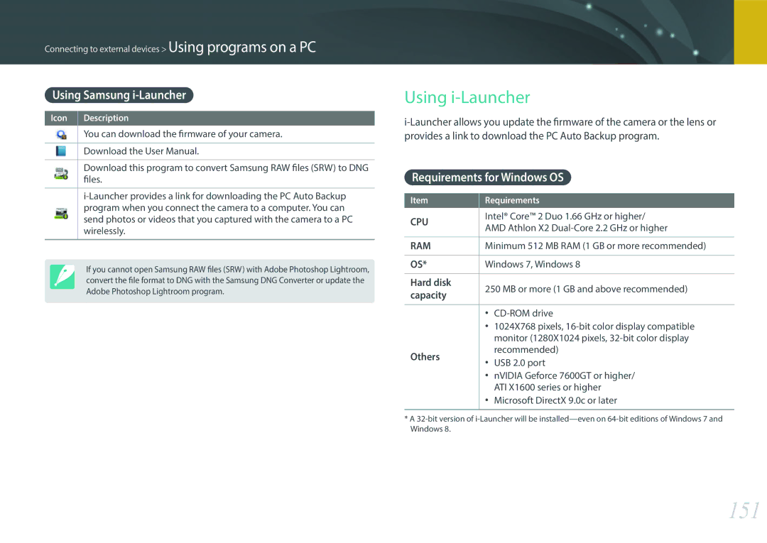 Samsung EV-NX3000BOHWI, EV-NX3000BOHFR manual 151, Using i-Launcher, Using Samsung i-Launcher, Requirements for Windows OS 