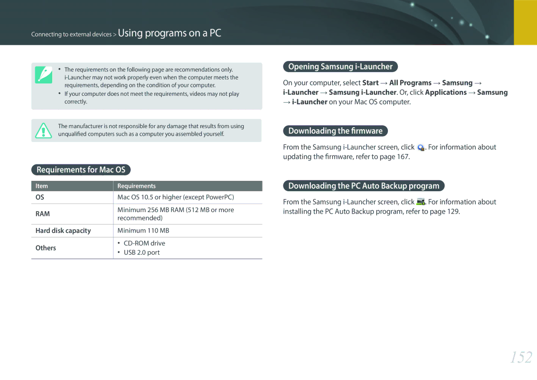 Samsung EV-NX3000BPHM3, EV-NX3000BOHFR 152, Requirements for Mac OS, Opening Samsung i-Launcher, Downloading the firmware 