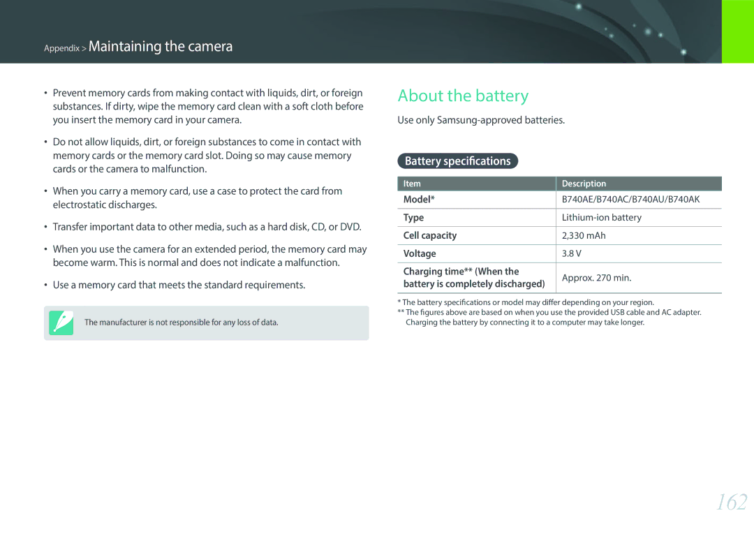 Samsung EV-NX3000GOHME, EV-NX3000BOHFR 162, About the battery, Battery specifications, Use only Samsung-approved batteries 