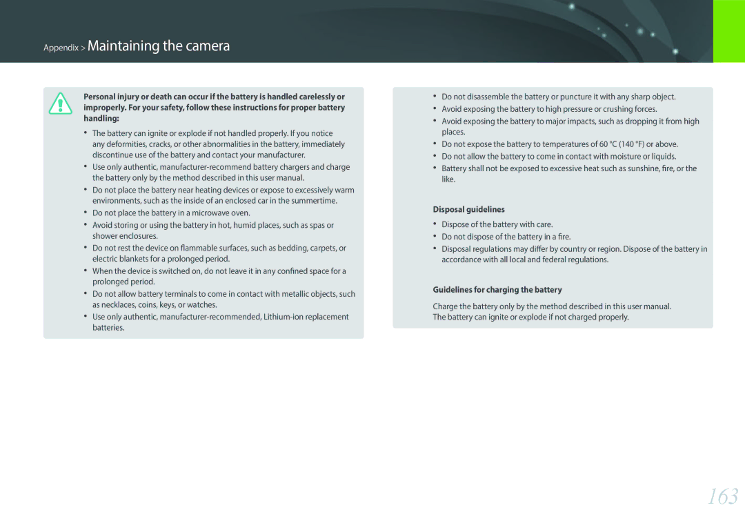 Samsung EV-NX3000GOIME, EV-NX3000BOHFR, EV-NX3000BOIDE, EV-NX3000BOIAT, EV-NX3000BOHTR manual 163, Disposal guidelines 