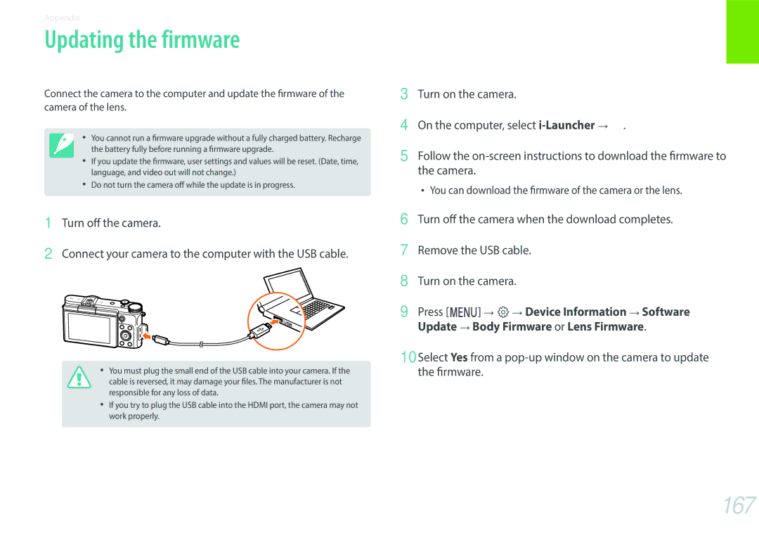 Samsung EV-NX3000BOHRS, EV-NX3000BOHFR, EV-NX3000BOIDE, EV-NX3000BOIAT, EV-NX3000BOHTR manual Updating the firmware, 167 