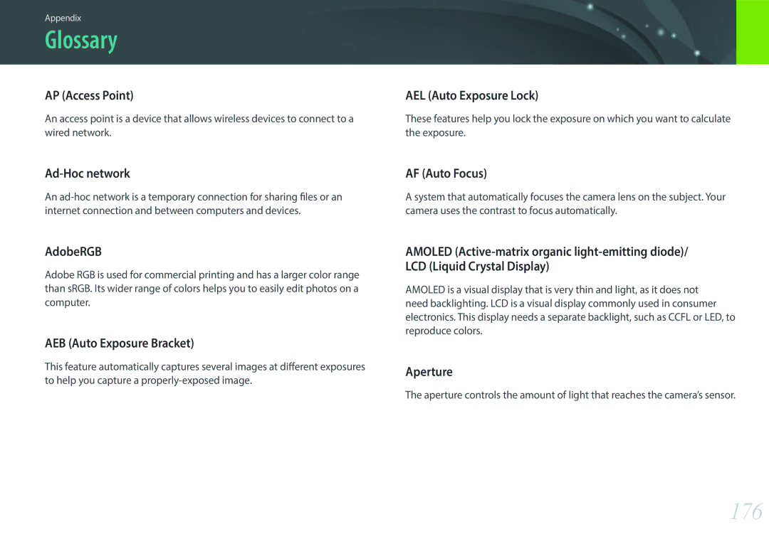 Samsung EV-NX3000BMHCH, EV-NX3000BOHFR, EV-NX3000BOIDE, EV-NX3000BOIAT, EV-NX3000BOHTR, EV-NX3000BOJDE manual Glossary, 176 