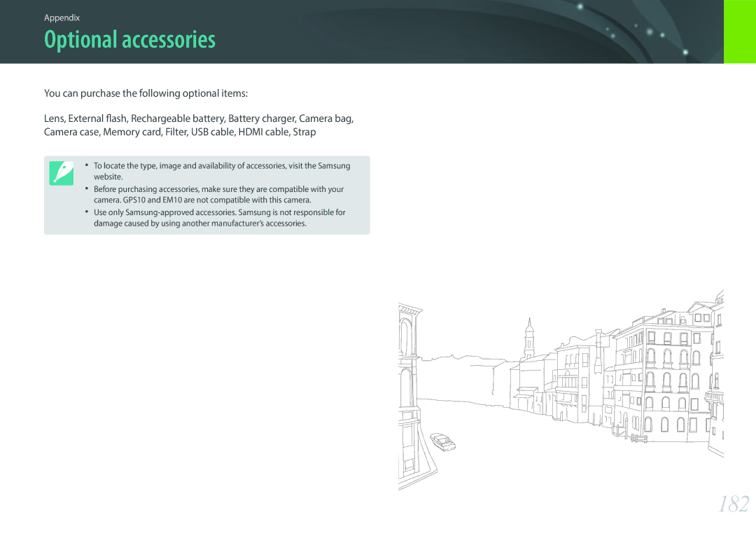 Samsung EV-NX3000BOIDK, EV-NX3000BOHFR manual Optional accessories, 182, You can purchase the following optional items 