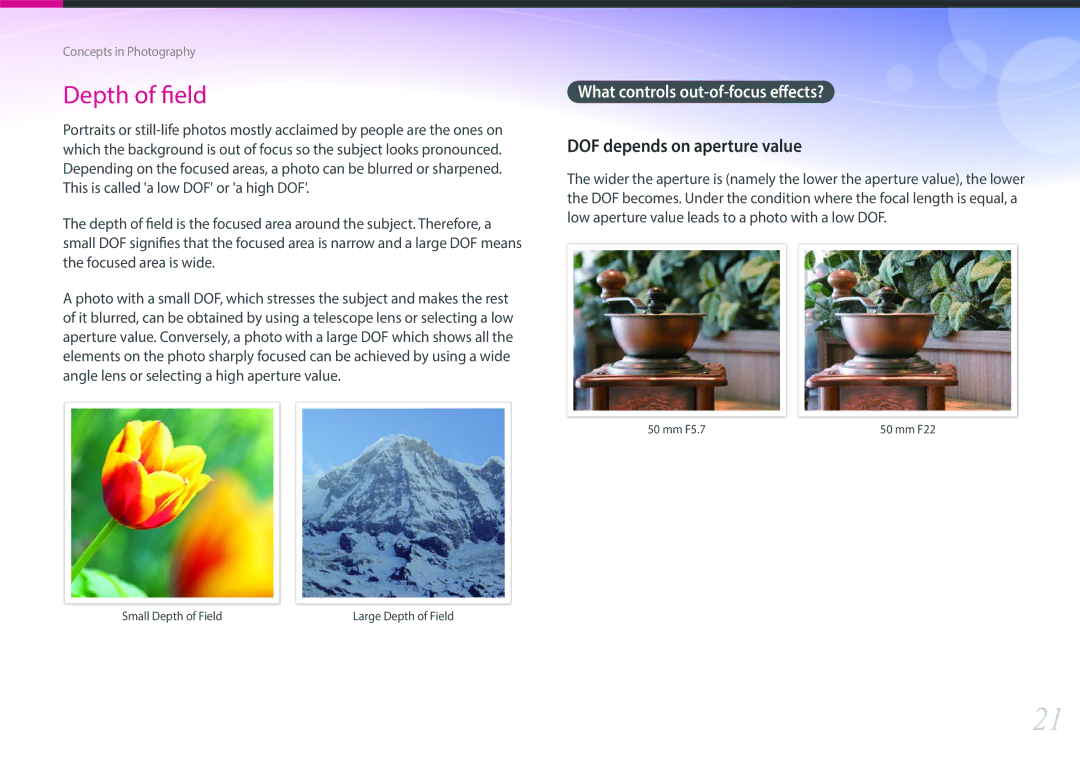 Samsung EV-NX3000GMIIR, EV-NX3000BOHFR, EV-NX3000BOIDE DOF depends on aperture value, What controls out-of-focus effects? 