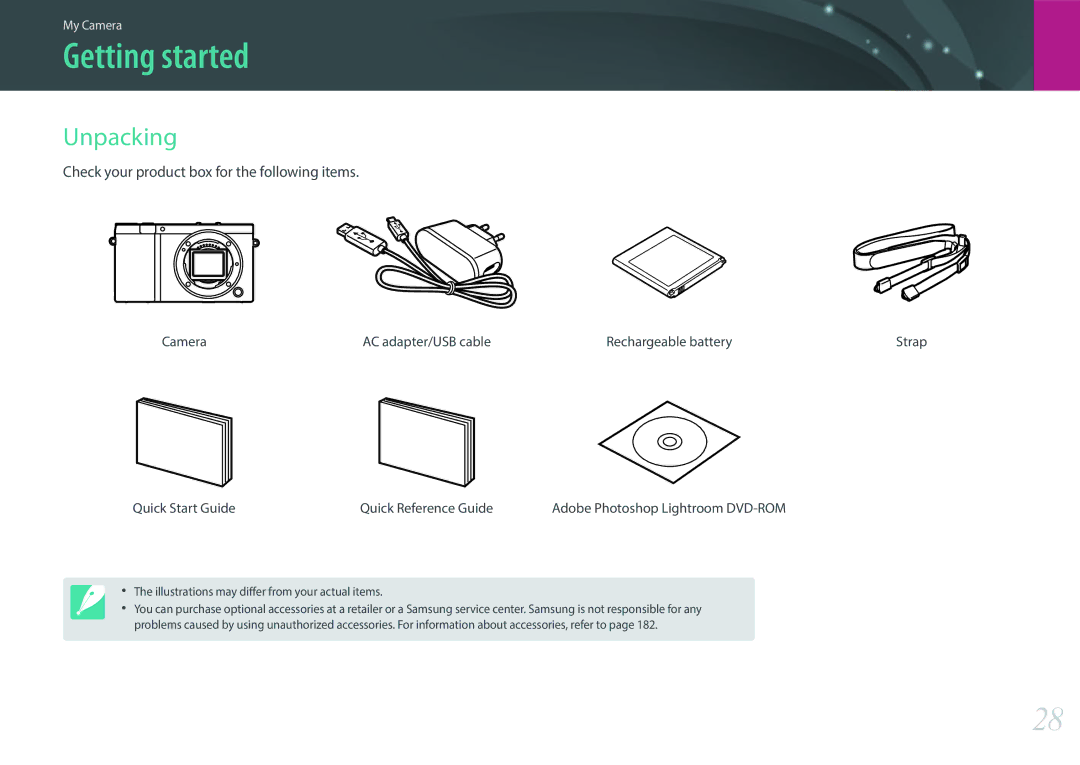 Samsung EV-NX3000GMIME, EV-NX3000BOHFR manual Getting started, Unpacking, Check your product box for the following items 