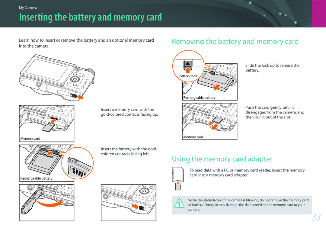 Samsung EV-NX3000BMIRO, EV-NX3000BOHFR, EV-NX3000BOIDE Removing the battery and memory card, Using the memory card adapter 