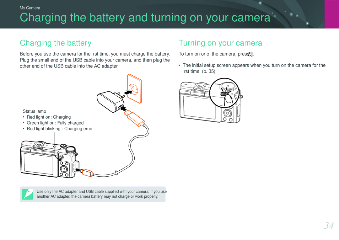 Samsung EV-NX3000BOIRO, EV-NX3000BOHFR manual Charging the battery and turning on your camera, Turning on your camera 