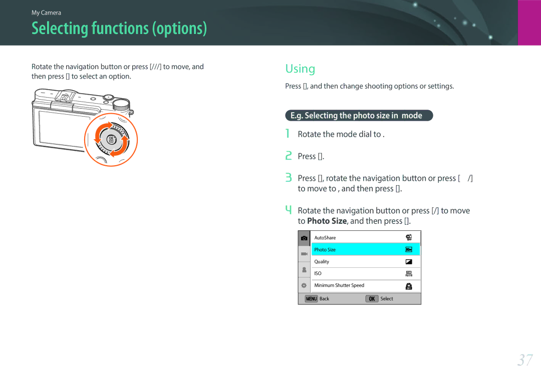 Samsung EV-NX3000BOICH, EV-NX3000BOHFR manual Selecting functions options, Using m, Selecting the photo size in P mode 