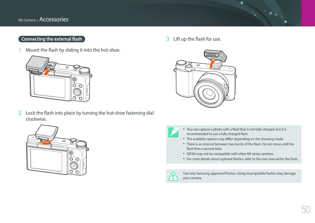 Samsung EV-NX3000BOIDK, EV-NX3000BOHFR, EV-NX3000BOIDE, EV-NX3000BOIAT, EV-NX3000BOHTR manual Lift up the flash for use 