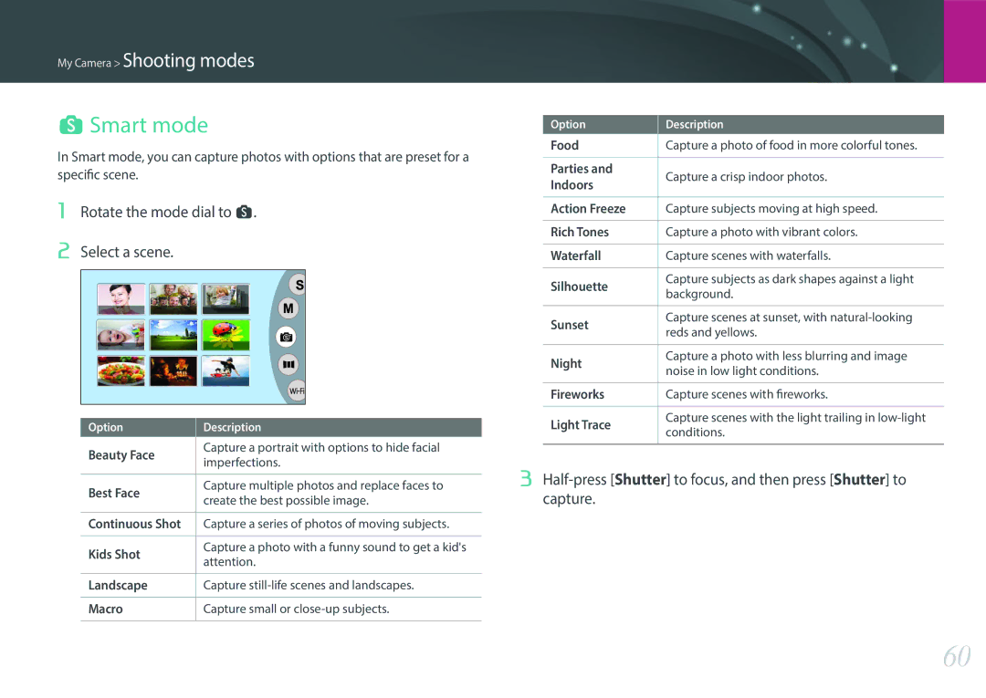 Samsung EV-NX3000BMIIL, EV-NX3000BOHFR, EV-NX3000BOIDE, EV-NX3000BOIAT Smart mode, Rotate the mode dial to s Select a scene 