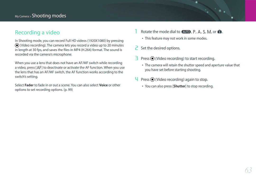 Samsung EV-NX3000BOHIL Recording a video, Rotate the mode dial to t, P, A, S, M, or s, Press Video recording again to stop 