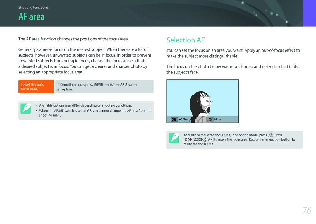 Samsung EV-NX3000BOIFR manual AF area AF area, Selection AF, AF area function changes the positions of the focus area 