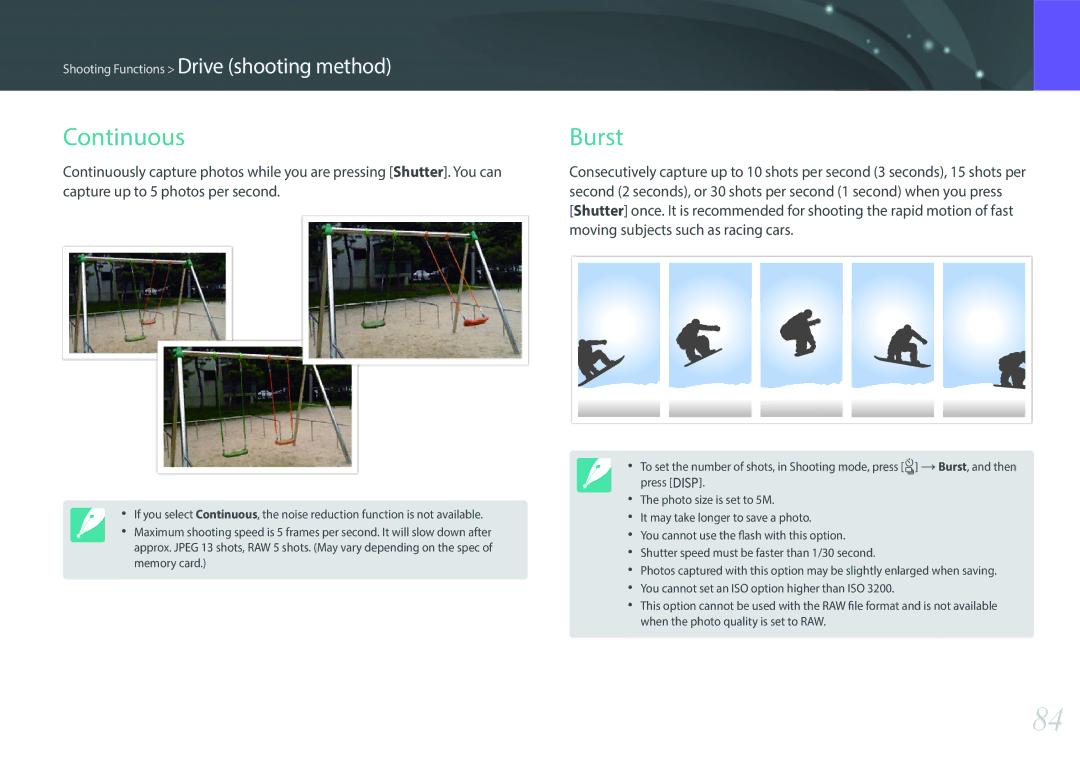 Samsung EV-NX3000BOHM3, EV-NX3000BOHFR, EV-NX3000BOIDE, EV-NX3000BOIAT, EV-NX3000BOHTR, EV-NX3000BOJDE manual Continuous, Burst 