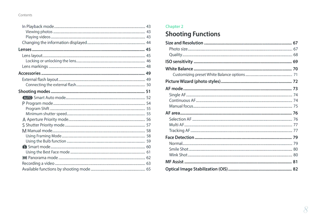 Samsung EV-NX3000BOHDE, EV-NX3000BOHFR, EV-NX3000BOIDE, EV-NX3000BOIAT, EV-NX3000BOHTR, EV-NX3000BOJDE manual Shooting Functions 