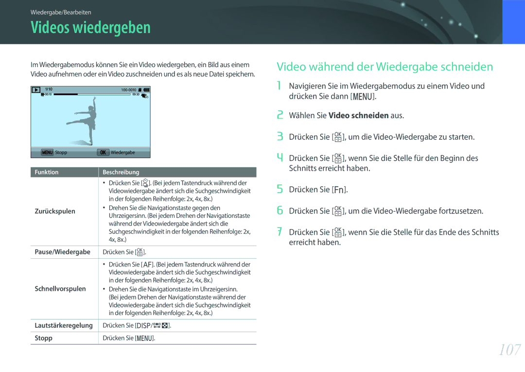 Samsung EV-NX3000BOJDE, EV-NX3000BOHFR, EV-NX3000BOIDE manual Videos wiedergeben, 107, Video während der Wiedergabe schneiden 