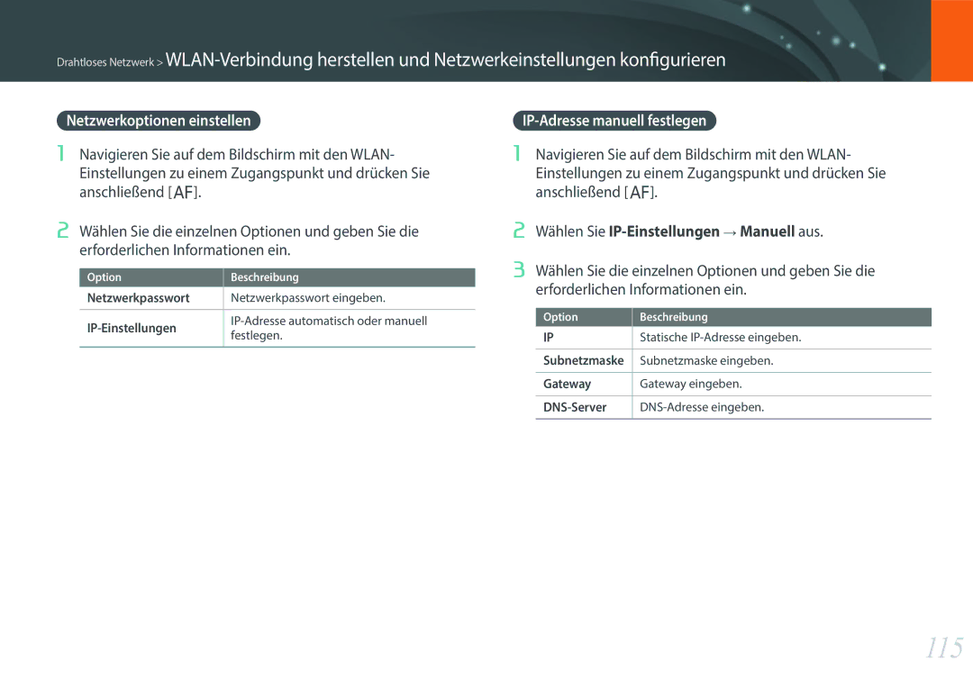 Samsung EV-NX3000BPHFR, EV-NX3000BOHFR, EV-NX3000BOIDE manual 115, Netzwerkoptionen einstellen, IP-Adresse manuell festlegen 