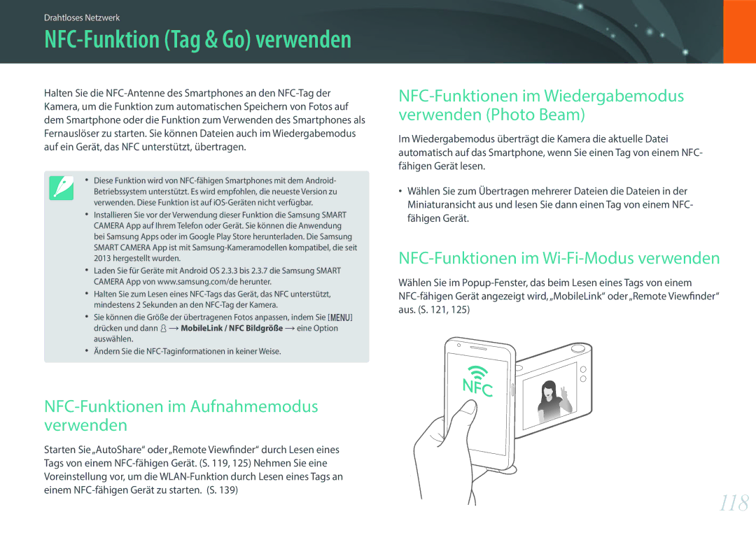 Samsung EV-NX3000BOIAT manual 118, NFC-Funktionen im Aufnahmemodus verwenden, NFC-Funktionen im Wi-Fi-Modus verwenden 