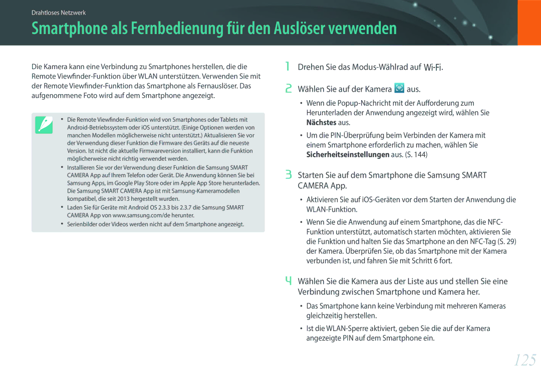 Samsung EV-NX3000BOHDE, EV-NX3000BOHFR, EV-NX3000BOIDE manual Smartphone als Fernbedienung für den Auslöser verwenden, 125 