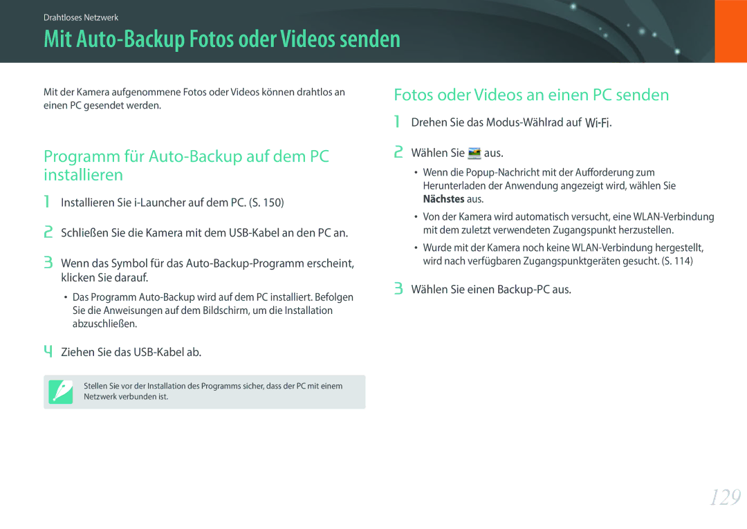 Samsung EV-NX3000BOHFR Mit Auto-Backup Fotos oder Videos senden, 129, Programm für Auto-Backup auf dem PC installieren 