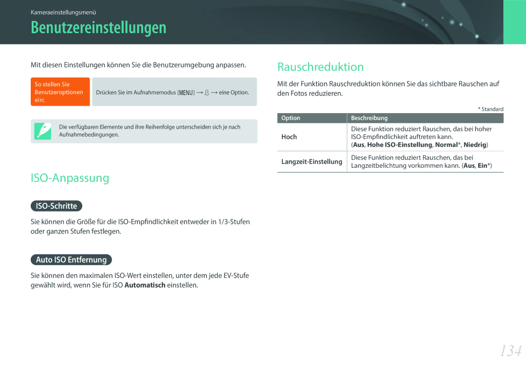 Samsung EV-NX3000BOJGR, EV-NX3000BOHFR, EV-NX3000BOIDE manual Benutzereinstellungen, 134, ISO-Anpassung, Rauschreduktion 