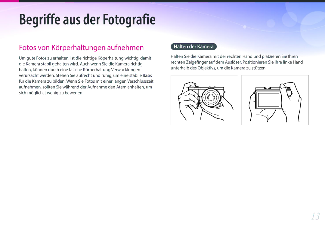 Samsung EV-NX3000BOIDE, EV-NX3000BOHFR, EV-NX3000BOIAT, EV-NX3000BOHTR manual Begriffe aus der Fotografie, Halten der Kamera 