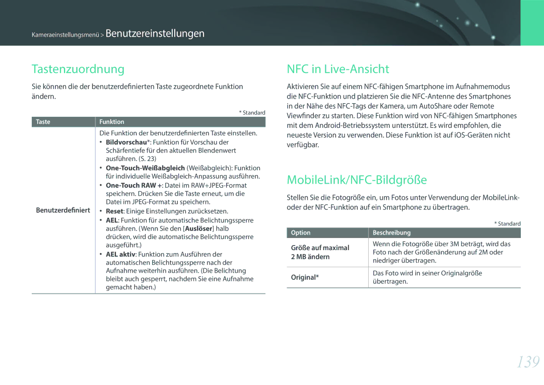 Samsung EV-NX3000BEHFR, EV-NX3000BOHFR, EV-NX3000BOIDE 139, Tastenzuordnung, NFC in Live-Ansicht, MobileLink/NFC-Bildgröße 