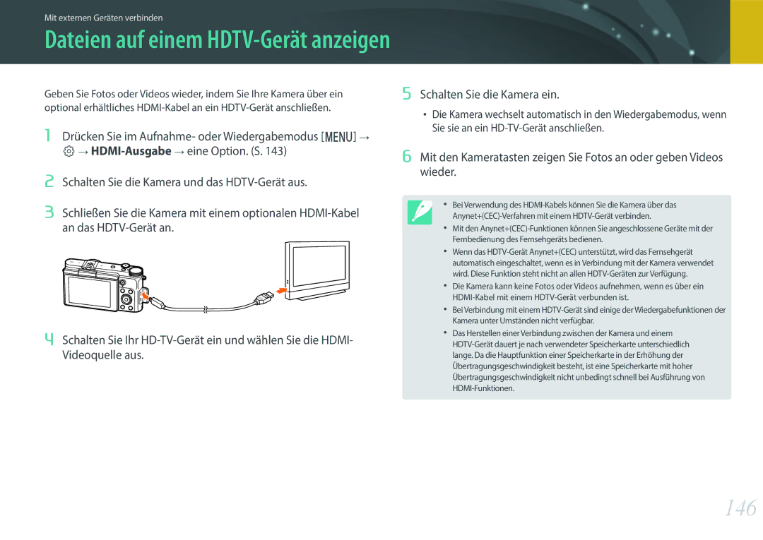 Samsung EV-NX3000BOJDE, EV-NX3000BOHFR, EV-NX3000BOIDE, EV-NX3000BOIAT manual 146, Dateien auf einem HDTV-Gerät anzeigen 