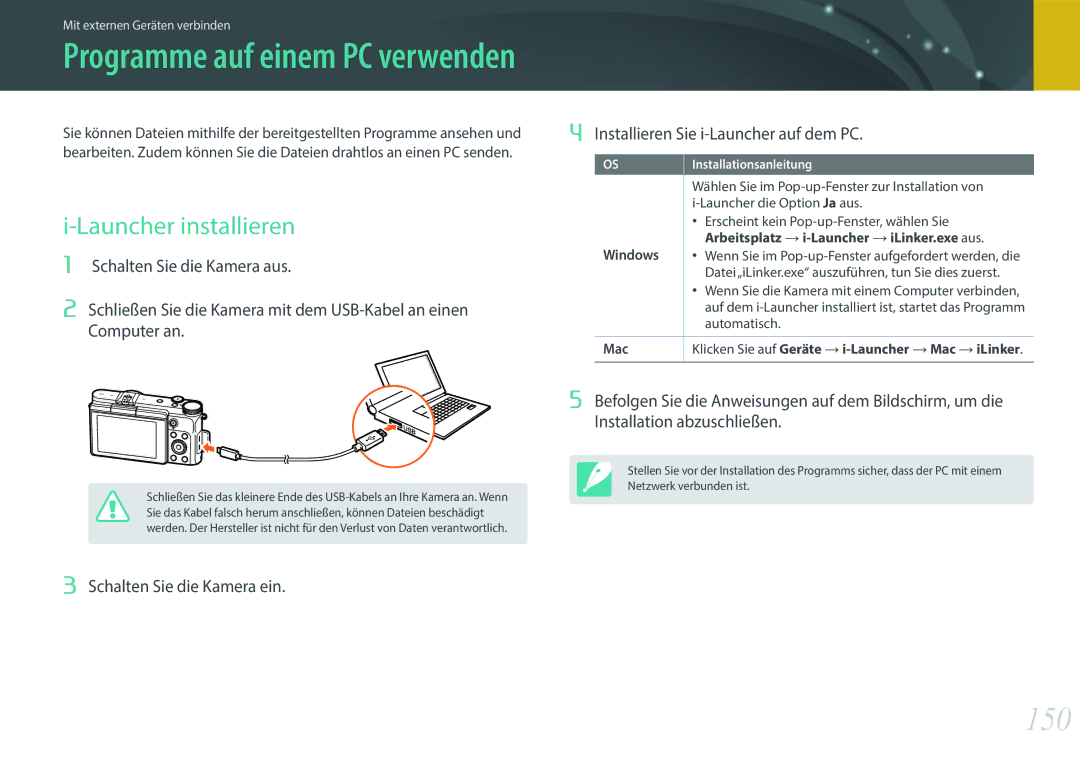 Samsung EV-NX3000BOHGR, EV-NX3000BOHFR manual 150, Launcher installieren, Windows Arbeitsplatz i-Launcher iLinker.exe aus 