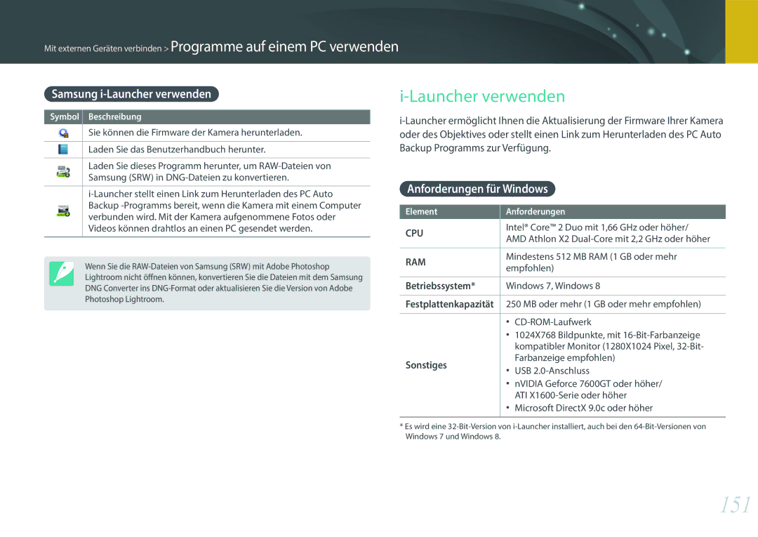 Samsung EV-NX3000BOHDE manual 151, Samsung i-Launcher verwenden, Anforderungen für Windows, Betriebssystem, Sonstiges 