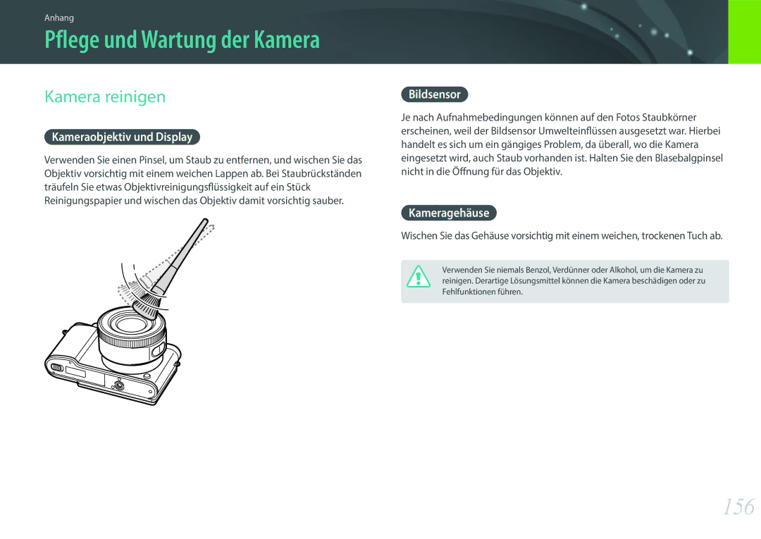 Samsung EV-NX3000BOIDE, EV-NX3000BOHFR manual 156, Kamera reinigen, Kameraobjektiv und Display, Bildsensor, Kameragehäuse 