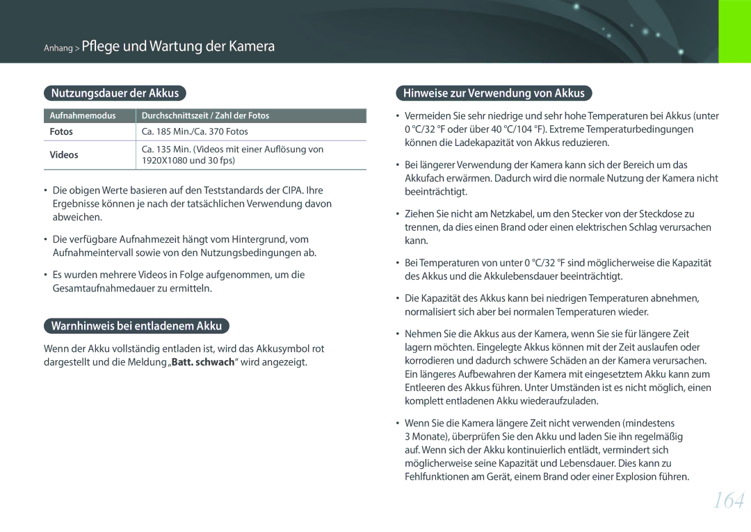 Samsung EV-NX3000BOHDE 164, Nutzungsdauer der Akkus, Warnhinweis bei entladenem Akku, Hinweise zur Verwendung von Akkus 