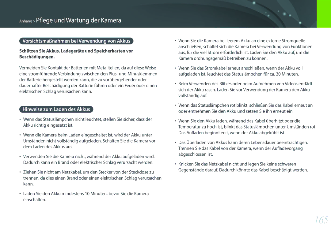 Samsung EV-NX3000BEHFR, EV-NX3000BOHFR manual 165, Vorsichtsmaßnahmen bei Verwendung von Akkus, Hinweise zum Laden des Akkus 