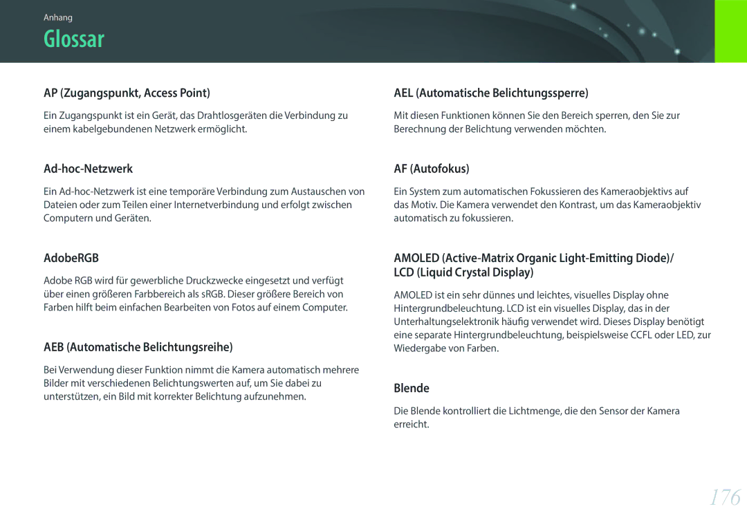 Samsung EV-NX3000BOHGR, EV-NX3000BOHFR, EV-NX3000BOIDE, EV-NX3000BOIAT, EV-NX3000BOHTR, EV-NX3000BOJDE manual Glossar, 176 