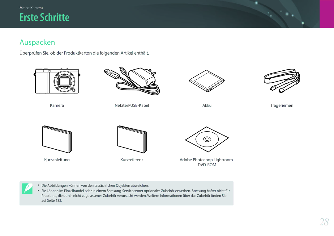 Samsung EV-NX3000BOHTR manual Erste Schritte, Auspacken, Kamera Netzteil/USB-Kabel Akku, Kurzanleitung Kurzreferenz 